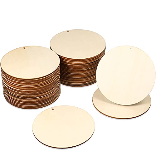 50 Pieces Wood Circles Unfinished Round Cutouts Pre-drilled Tags Slices Blank Wooden Discs with Holes Pendants for Craft DIY Painting Carving Wood Burning Door Party Hanger Decor (4 Inch)