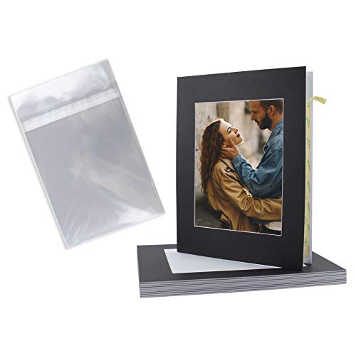 Golden State Art, 10 Pack Self Assemble Acid Free Cardboard/Paper Frames Photo Mat with Backing Board pre-gummed for Artworks, Prints, Photos, Includes Clear Bags (Black, 8x10 Mat for 5x7 Picture)