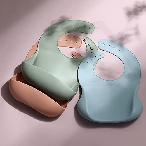 Eascrozn Silicone Baby Bibs for Babies & Toddlers Set of 3, BPA Free Unisex Soft Adjustable Fit Waterproof Feeding Bibs