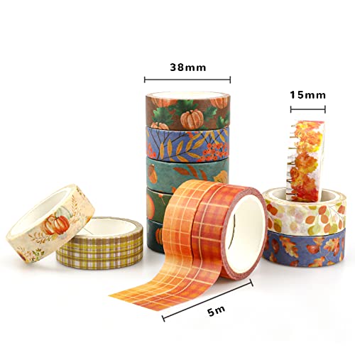 12 Rolls Fall Washi Tape Set for Bullet Journaling, DIY Crafts, Scrapbooking, Gift Wrapping Colorful Autumn Decoration Tape Grid Pumpkin Maple Leaves Washi Tape