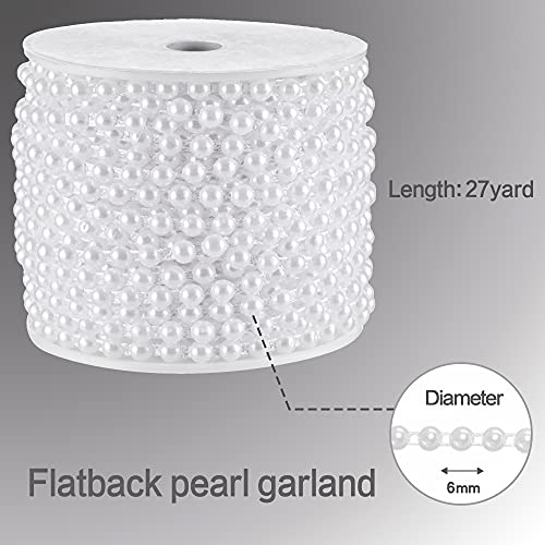 Half-Round Pearl Bead Garland String 27 Yards, 6MM Flat Pearl Beaded Spool Roll Crafts for Wedding Party Decoration