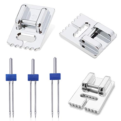 Kalevel 3pcs Pintuck Presser Foot 5 7 9 Groove with Twin Stretch Double Needle Set for Singer, Brother, Babylock, Janome, Elna, Euro-Pro, Simplicity, White (4pcs Set)