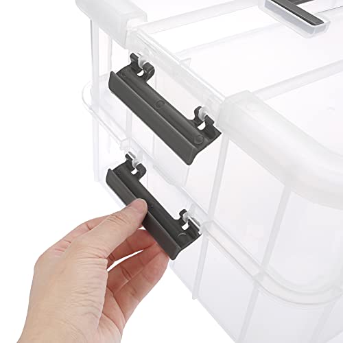 BTSKY 2 Layer Stack & Carry Box, Plastic Multipurpose Portable Storage Container Box Handled Organizer Storage Box for Organizing Stationery, Sewing, Art Craft, Jewelry and Beauty Supplies Dark Grey