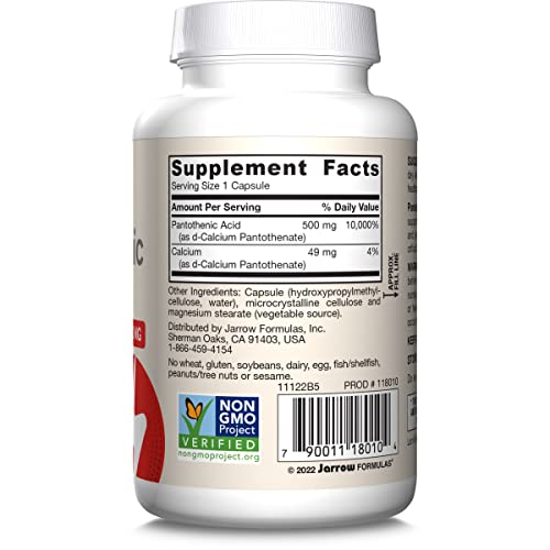 Jarrow Formulas Pantothenic Acid B5 500 mg - 100 Veggie Caps - Essential B Vitamin - Energy Production & Metabolism Support - 100 Servings