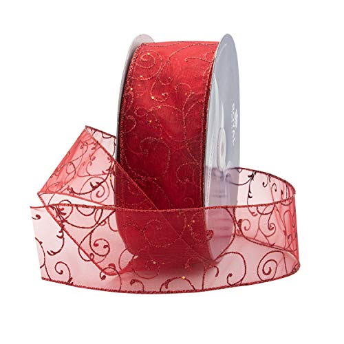Royal Imports Red Organza Glitter Wired Sheer Ribbon - Red Edge, 2.5" (#40) Swirl Design for Floral, Craft, Holiday Decoration, 50 Yard Roll (150 FT Spool) Bulk