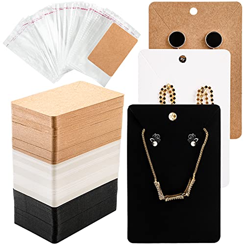 Foraineam 300 Set Necklace and Earring Display Cards Earring Holder Cards with Self-Sealing Bags for Ear Studs, Dangle Earrings, Necklaces (White, Black, Kraft)