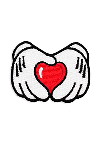 Mickey Mouse Heart Hands Iron on & Sew on Embroidered Applique Decoration DIY Craft for Tshirts, Denim Jackets, Hats, Bags, White, Red