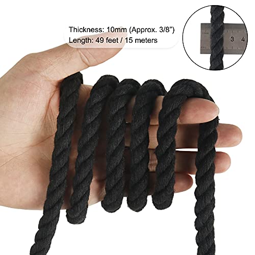 Tenn Well Black Macrame Cord 10mm, 50 Feet 3Ply Twisted Thick Cotton Rope for Crafts, Wall Hangings, Plant Hangers, Knotting