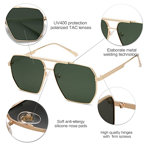 SOJOS Retro Oversized Square Polarized Sunglasses for Women Men Vintage Shades UV400 Classic Large Metal Sun Glasses SJ1161 with Gold/Green Lens