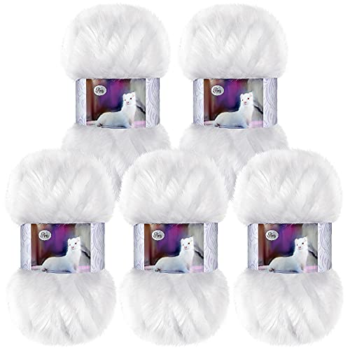 5 Pieces Soft Faux Fur Yarn for Crocheting Chunky Fluffy Faux Fur Yarn White Polyester Eyelash Yarns Cream Fur Yarn for Crochet Knit Blanket Clothes Knitting Project