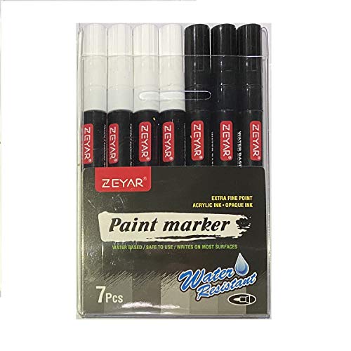 ZEYAR White and Black Acrylic Paint pen, Water Based, Set of 7, Extra Fine Point, Great for Rock Painting, Ceramic, Glass, Wood and smooth surfaces, Opaque ink (White and Black)