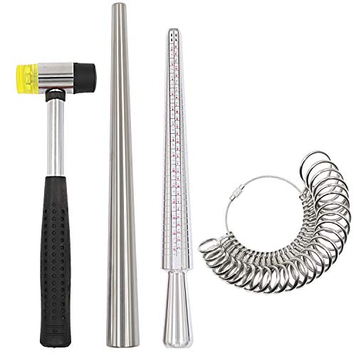 HEYMOUS Ring Sizer Mandrel Measuring Tool Steel Ring Sizing Gauge Sizers Set Rubber Jeweler's Mallet Hammer Metal Finger Size Stick Wire Wrap Rings Tools Jewelry Making Kit