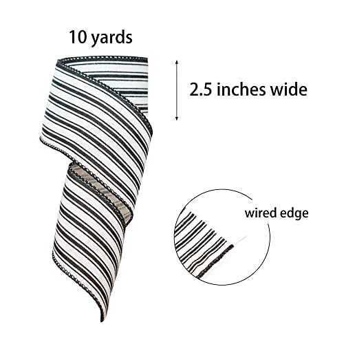 Cintago Black and White Striped Wired Ribbon, 2.5' x 10 Yards Wired Edge Ribbon for Wreath, Ticking Stripe Ribbon, DIY Craft and Gift Wrapping, Farmhouse Ribbon (Black&White, 2.5'x 10Yards)