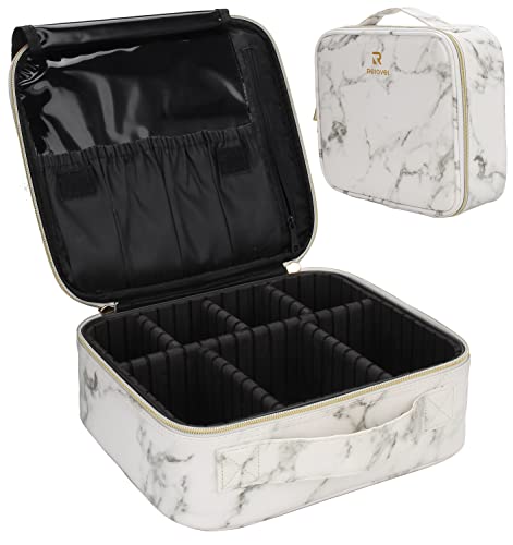 Relavel Travel Makeup Train Case Makeup Cosmetic Case Organizer Portable Artist Storage Bag with Adjustable Dividers for Cosmetics Makeup Brushes Toiletry Jewelry Digital Accessories (Marble, White)