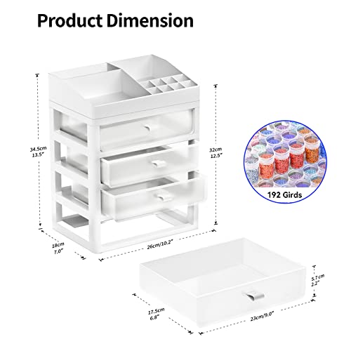 ARTDOT Storage Containers for Diamond Painting Accessories, Art Bead Organizer 4 Drawers with 192 Slots Storage Bottles and Diamond Painting Tools and Kits Rack with Funnel