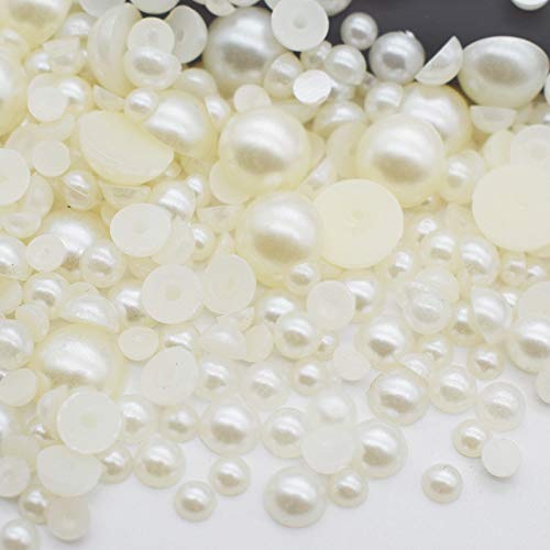 Lifestyle-cat Mixed Size 350pcs 5mm, 6mm, 8mm Pearl Finish Half Dome Round Beads Half Pearl Bead Flat Back for DIY Decoration (Ivory)