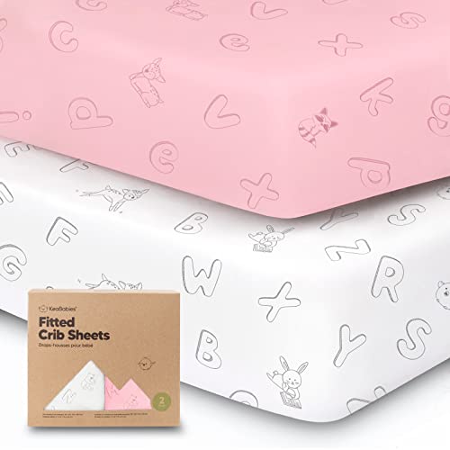 2-Pack Organic Crib Sheets for Boys, Girls - Jersey Fitted Crib Sheet, Baby Crib Sheets Neutral, Crib Mattress Sheet, Cotton Crib Sheets, Soft Baby Sheets, Unisex Crib Fitted Sheet (ABC Land Rose)