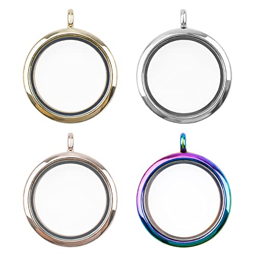 WANDIC Memory Locket Charms, 4 Pcs Round Mixed Colored Electroplated Crystal Picture Frame Bouquet Charm, Living Floating Memory Locket for 2 Photos