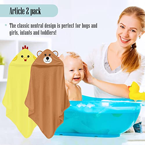 Cute Castle 2 Pack Bamboo Hooded Baby Towel 8 Washcloths - Soft Bath Towel for Bathtub for Babie, Newborn, Infant - Ultra Absorbent, Natural Baby Stuff Towel for Boy and Girl (Bear and Chicken)