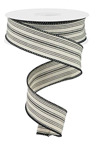 Ticking Stripe on Cotton Wired Edge Ribbon - 10 Yards (Black, Beige, 1.5 Inch)