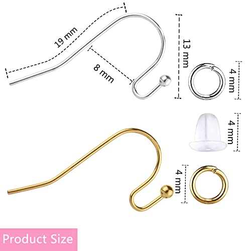 Earring Hooks 600pcs Hypoallergenic Earring Making kit with Jump Rings and Clear Silicone Earring Backs Stoppers(Silver and Gold)