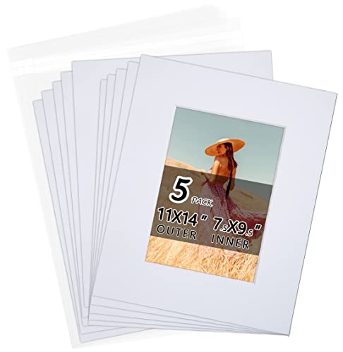 Acid Free 5 Pack 11x14 Pre-Cut Mat Board Show Kit for 8x10 Photos, Prints or Artworks, 5 Core Bevel Cut Matts and 5 Backing Boards and 5 Crystal Plastic Bags, White