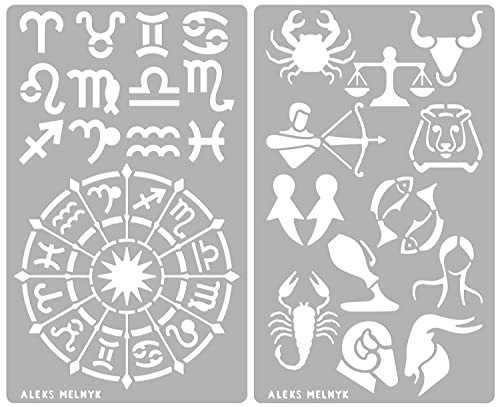 Aleks Melnyk #29 Metal Journal Stencil, Zodiac Circle Symbols, Stainless Steel Stencil 2 PCS, Template Tool for Wood Burning, Pyrography, Engraving, Astrology, Horoscope Wheel Chart, Bullet Journaling
