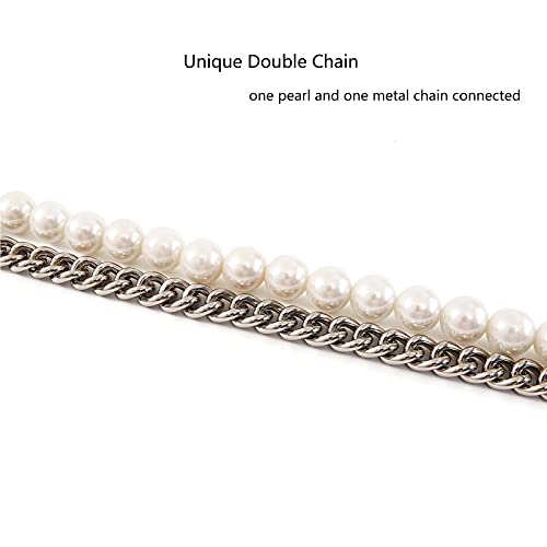 Purse Strap Short Pearl with Metal Handle Bag Chain Replacement,Handbag Purse Making Accessory Decoration (Silver)
