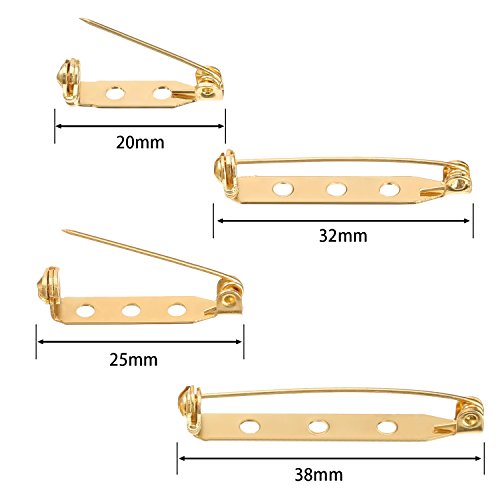 100 Pieces Bar Pins Brooch Pin Backs Safety Clasp with Plastic Box, 4 Sizes 20 mm, 25 mm, 32 mm and 38 mm (Gold and Silver)