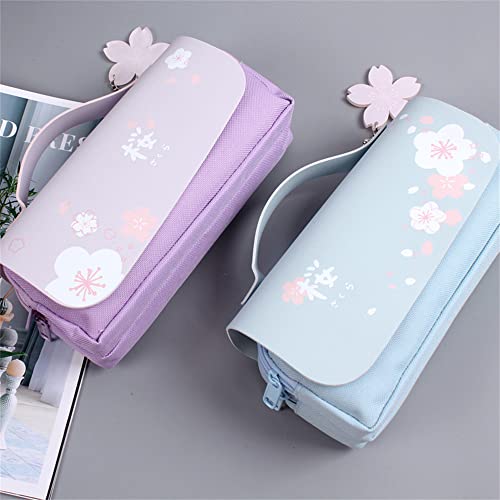 JELLYEA Kawaii Cherry Blossom Pencil Bag Pink Sweet Pencil Case Large Capacity Stationery Pouch School Supplies Makeup Bag (Purple)