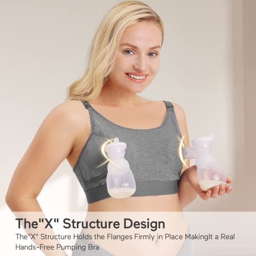 Momcozy Hands Free Pumping Bra, Adjustable Breast-Pumps Holding and Nursing Bra, Suitable for Breastfeeding-Pumps by Lansinoh, Philips Avent, Spectra, Evenflo and More(Grey,X-Large)