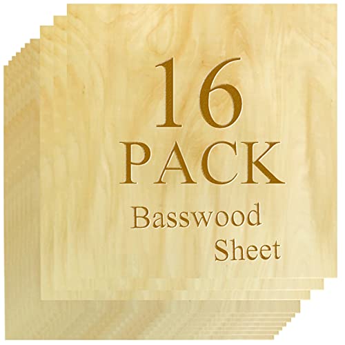 16 Pieces Unfinished Basswood Sheets 11.8 x 11.8 Inch, 1/16” 2MM Thin Wood Board Sheet for Crafts, Square Craft Plywood for DIY School Projects Wood Burning Pyrography Miniature Building Painting