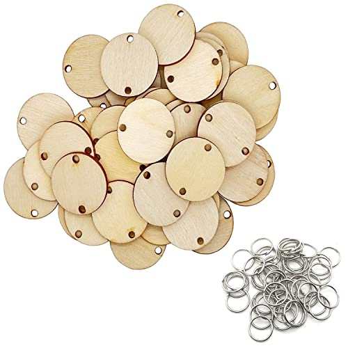 100 Pieces Wooden Circles Tags 1.2 inch with Holes and 100 Pieces 10 mm Rings