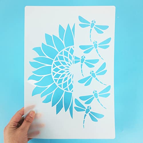Dragonfly Bee Stencils, 6 Pcs Dragonfly Sunflower Flowers Bee Butterfly Drawing Stencils for Painting on Wood Fabric Wall Furniture Card Making Home Decor Reusable A4 Size 8.3"x11.7"