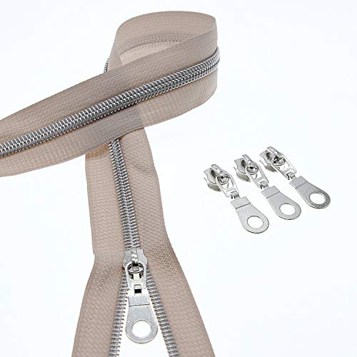 #5 Metallic Nylon Coil Zippers by The Yard,Beige Zipper Tape/Silver Teeth,Bulk 10 Yards with 25 PCS Zipper Pulls Sliders,Zipper Replacement for DIY Tailor Sewing Crafts Bags Purses Clothing SHUNLI