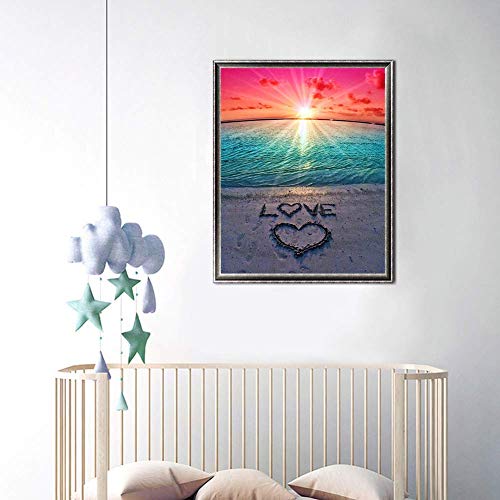 DIY 5D Diamond Painting Beach by Number Kits, Sunset Love Diamond Art Kit Paint for Adults Full Drill Crystal Rhinestone Picture Arts Craft for Home Wall Decor Gift