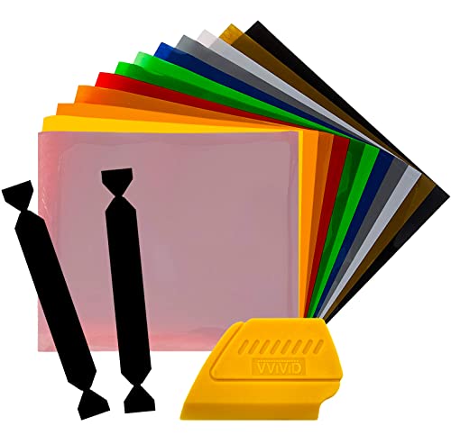 SISER Heat Transfer Vinyl, 12 Inch x 15 Inch 12-Color Starter Bundle Including Vinyl Wrap Toolkit Yellow Detailer Squeegee & 2 Felt Edges (12-Color Bundle w/Tools)