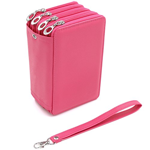 YOUSHARES 72 Slots Pencil Case - PU Leather Handy Multi-layer Large Zipper Pen Bag with Handle Strap for Colored / Watercolor Pencil (Pink)