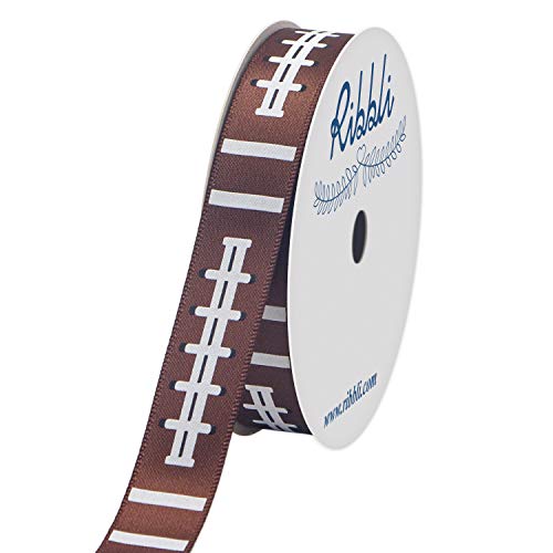 Ribbli Satin Football Pattern Craft Ribbon,5/8-Inch x 10-Yard,Brown/Black/White,Use for Hair Bows,Wreath,Birthday,Gift Wrapping,Party Decoration,All Crafting and Sewing