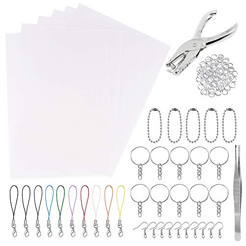 Benvo 157 Pcs Heat Shrink Plastic Sheet Kit Shrinky Art Film Paper 20 Pcs with 135 Pcs Keychains Accessory Ear Hooks Chain Beads Lobster Clasps and Hole Punch, Tweezer for Creative DIY Handmade Craft