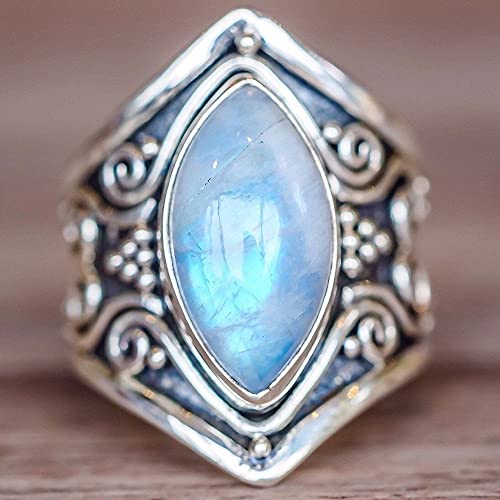 CHWLNJN S925 Sterling Silver Natural Colorful Moonstone Ring Exquisite Cat's Eye Shape Cut Moonstone Retro Goddess Ring Punk Exaggerated Jewelry Size 5-10 (6)
