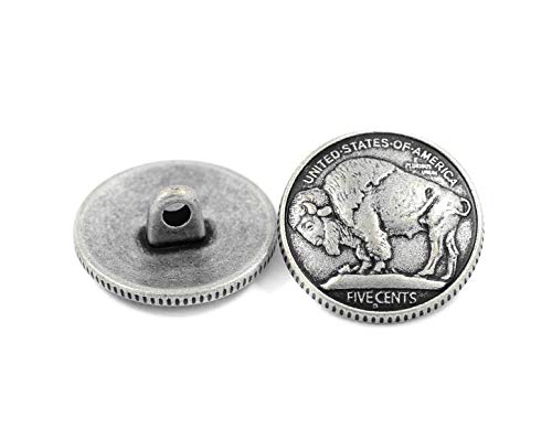 Bezelry 12 Pieces Buffalo Coin Style Metal Shank Buttons. 21mm (13/16 inch) (Antique Silver)