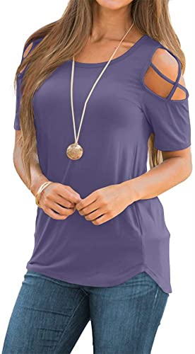 NILOUFO Womens Summer T Shirts Short Sleeve Tunic Strappy Cold Shoulder Tops(02-Purple Grey, XX-Large)
