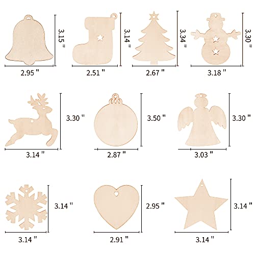 Max Fun 100PCS DIY Wooden Christmas Ornaments Unfinished Predrilled Wood Circles for Crafts Centerpieces Holiday Hanging Decorations in 10 Shapes