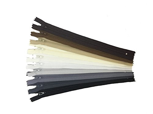 9 Inch Assorted Neutral Colors YKK Zippers Number 3 Nylon Coil Set of 10 Pieces