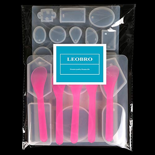 3 Pack Jewelry Casting Molds, LEOBRO Pendant Epoxy Resin Molds, Silicone Molds for Resin, with 5 PCS Mixing Spoons, Keychain Molds for Epoxy Resin, Earring Necklace Keychain Jewelry Making