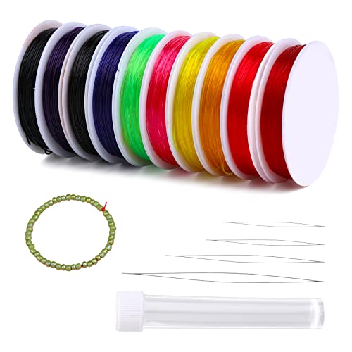 10 Rolls of Colorful Elastic Bracelet String, 0.8mm Stretchy String for Bracelets, Crystal String with 4 Sizes of Beaded Needles, Elastic String for Jewelry Making, Bracelet Making, Seed Beads