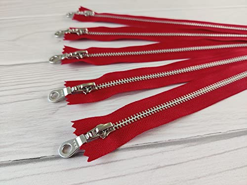 YKK Aluminum Silver Metal Zippers in Red with Donut Pull - #5 Closed-end Zippers - 14 Inch - Set of 5 Pieces by Craftbot