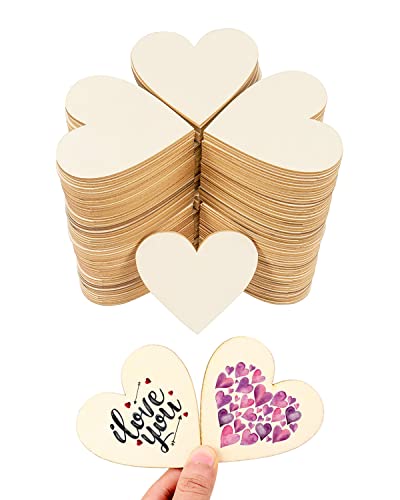 100 PCS Small Wooden Hearts for Crafts - 3'' Wooden Tags for Crafts, Heart Shaped Wooden Ornaments - Plain Wooden Hearts for Birthday and Decorations - Wooden Small Hearts for Cards And Embellishments