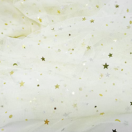 Honbay 5.5x1.7Yards Glitter Star Moon Sequin Tulle Net Yarn for Background Decoration or DIY Crafts Making (Beige)